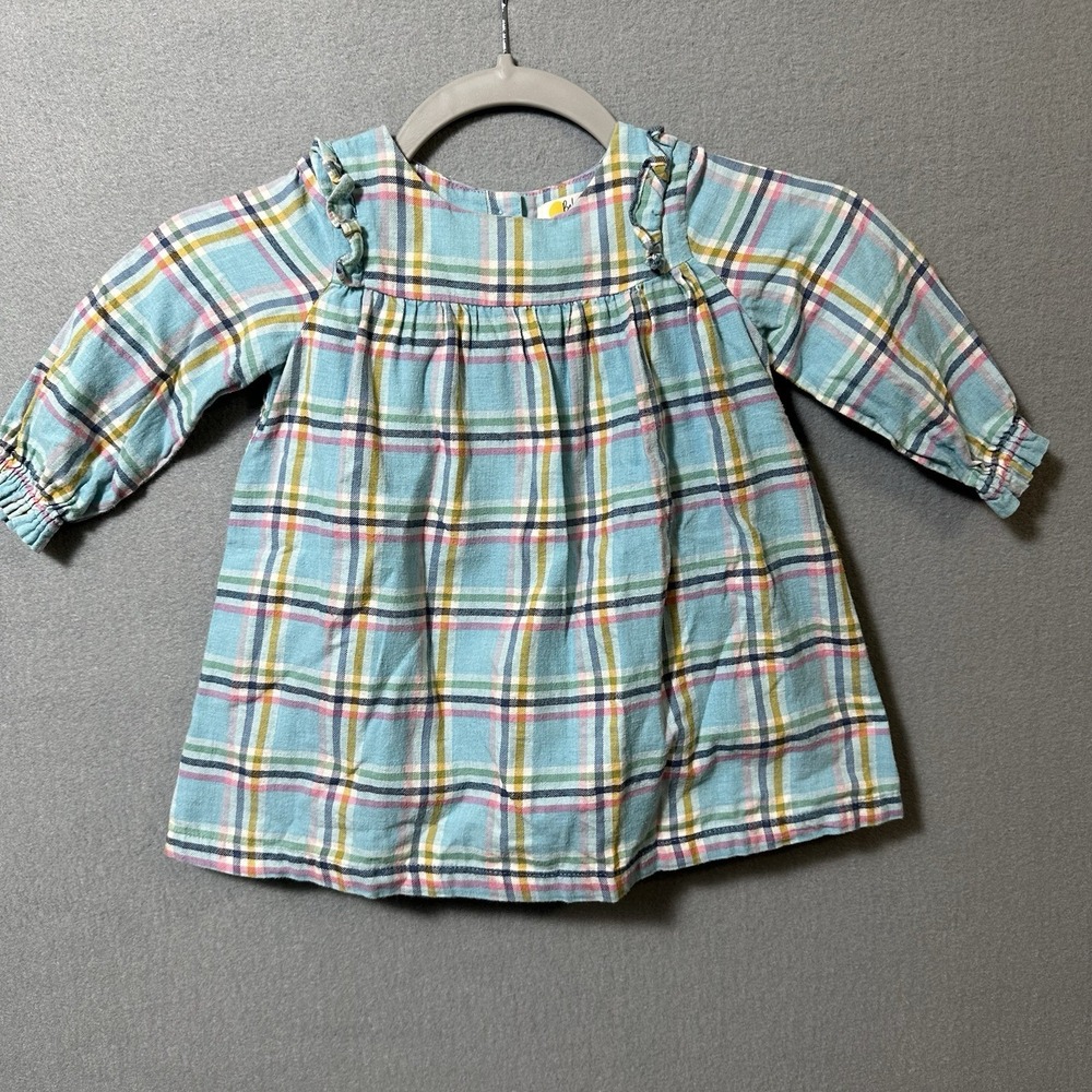Baby Boden Long Sleeve Dress Size 12-18 Months Blue Plaid Ruffle Smocked Cotton